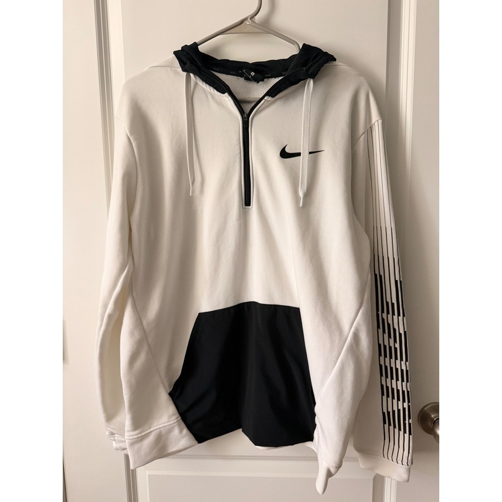 Nike Dri-FIT Mens Quarter Zip Hoodie White Black Graphic Sleeve Swoosh Medium